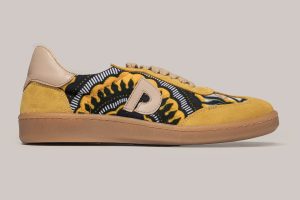 Zapatillas mujer y hombre Senegal amarillo y marrón de Dakart, diseño con estampados africanos